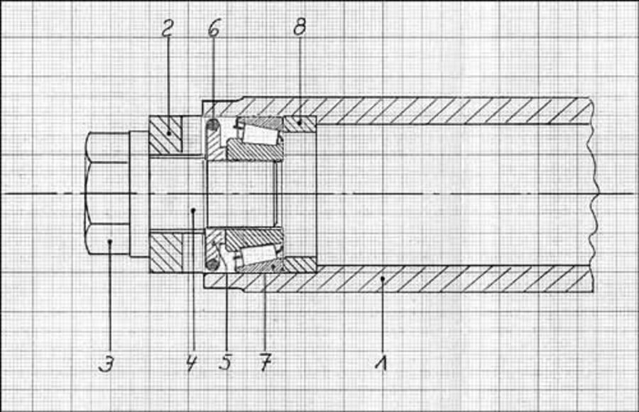 Legende: Pos. 1: Schwingenholm Pos. 2: Schwingenaufnahme (Rahmen) Pos. 3: Kontramutter, 2 Stck. St. 37 verzinkt Pos. 4: Lagerbolzen, 2 Stck. St. 50 verzinkt Pos. 5: Dichtring, 2 Stck. St 37 verzinkt Pos. 6: O-Ring 40 Ø X 2, 2 Stck Pos. 7: Kegelrollenlag